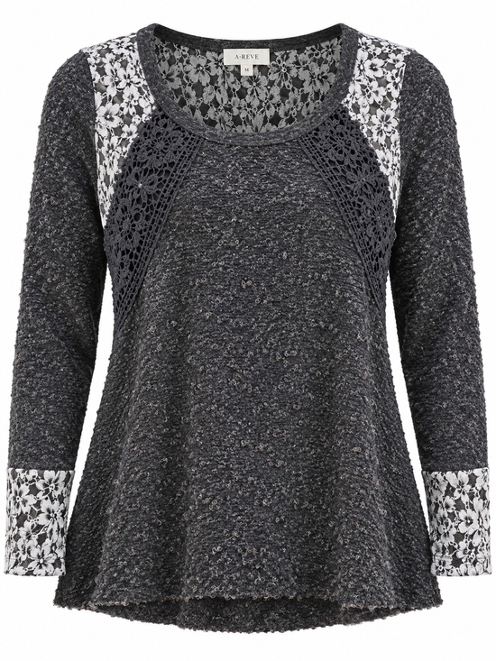 A'Reve Sweaters - A'REVE | Boho Charcoal Lace Crochet Mixed Media Slub Swing Sweater Top | M